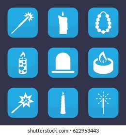 Glowing icon. set of 9 filled glowing icons such as siren, sparklers, candle, sparkler