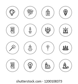 Glowing icon set. collection of 16 outline glowing icons with arcade, astral, bulb, candle, candles, lightbulb, sparkler icons.