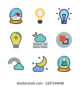 glowing icon set. vector set about idea, light bulb, snow globe and moon icons set.