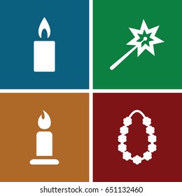 Glowing icons set. set of 4 glowing filled icons such as candle, garland