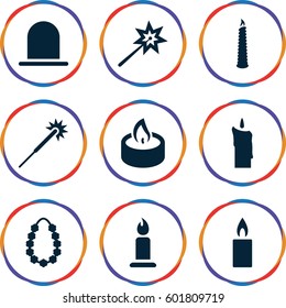 glowing icons set. Set of 9 glowing filled icons such as siren, candle, sparklers