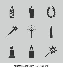 Glowing icons set. set of 9 glowing filled icons such as candle, sparklers, sparkler
