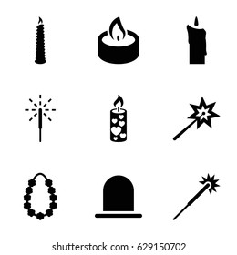 Glowing icons set. set of 9 glowing filled icons such as siren, sparklers, candle, sparkler