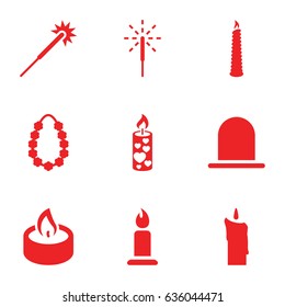 Glowing icons set. set of 9 glowing filled icons such as siren, candle, sparklers, sparkler