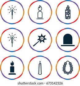Glowing icons set. set of 9 glowing filled and outline icons such as siren, candle, sparkler, garland