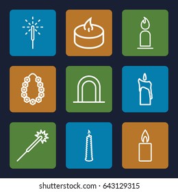 Glowing icons set. set of 9 glowing outline icons such as siren, candle, sparklers, sparkler