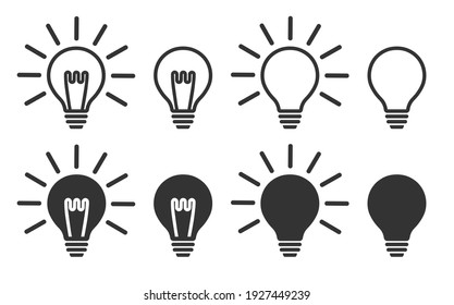 Glowing idea light bulb icon symbol set. Lamp logo shape silhouette. Vector illustration image. Isolated on white background. 	
