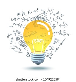 Glowing idea light bulb with science formulas in background concept. Bright creative idea based on scientific research metaphor. Flat style isolated vector character illustration