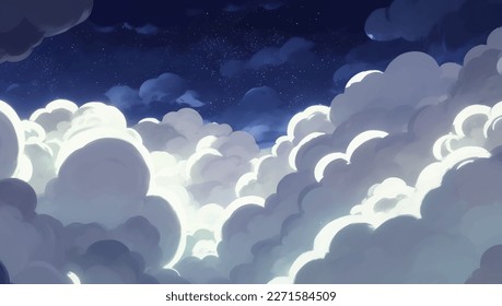 Glowing Illuminated Clouds in The Night Sky Background Hand Drawn Painting Illustration