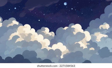 Glowing Illuminated Clouds in The Night Sky Background Hand Drawn Painting Illustration