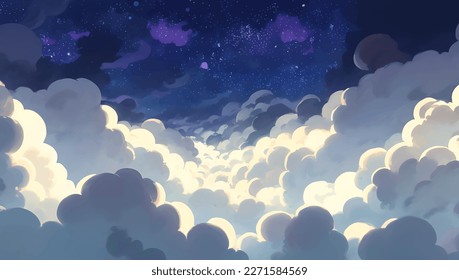 Glowing Illuminated Clouds in The Night Sky Background Hand Drawn Painting Illustration