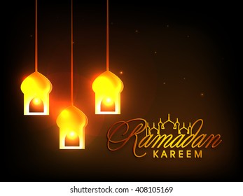 Glowing illuminated Lamps on shiny brown background. Elegant greeting card design for Holy Month of Muslim Community, Ramadan Kareem celebration.