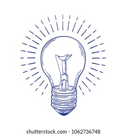 Glowing incandescent light bulb hand drawn with blue contour lines on white background. Monochrome drawing of electric lamp. Symbol of inspiring idea, discovery or solution. Vector illustration