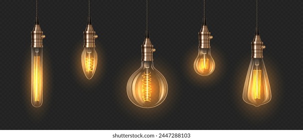 Conjunto de Ilustración vectorial realista 3d de bombillas incandescentes brillantes. Diseño de equipos de iluminación brillante. Lámparas sobre fondo transparente