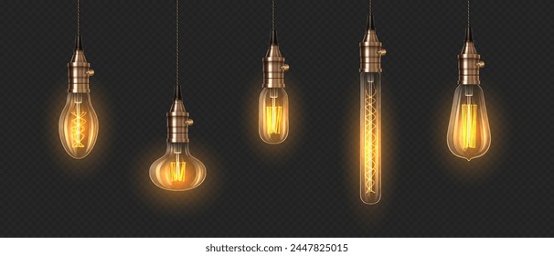 Conjunto de Ilustración vectorial realista 3d de bombillas incandescentes brillantes. Diseño de equipos de iluminación brillante. Lámparas sobre fondo transparente