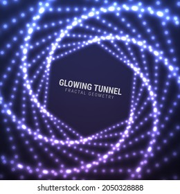 Glowing infinite twisted tunnel. Fractal geometry. Abstract background with lights particles. Editable EPS10 vector illustration