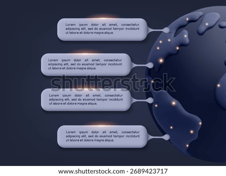 Glowing information bars around globe symbolizing global communication, analytics and data network. 3D Vector Web Illustration.