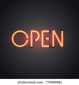 Glowing inscription open. 3d realistic neon sign isolated on transparent background.  Retro electric lamp in form of word. Vector illustration.