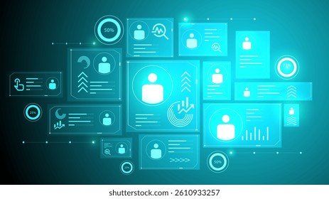 Glowing interface with user icons, progress charts, and analytics panels visualizing personal data integration in digital business environment. Vector illustration. Concept of stock market, finances