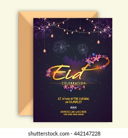 Glowing Invitation Card With Flowers Decorated Golden Text Eid Celebration On Mosque Silhouetted, Purple Sparkling Background For Muslim Community Festival Celebration.