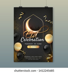 Glowing invitation card or template design with glossy text of Eid Celebration. Stripe, sparkle and balloon decoration on black background.