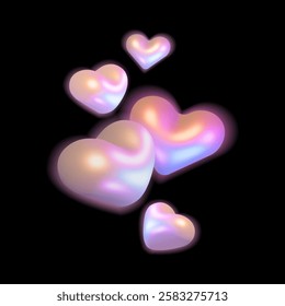 Glowing iridescent 3D hearts with a pearlescent effect. Shiny hearts illustration light. futuristic design perfect for Valentine's Day, posters, digital art, and backgrounds.Vector illustration