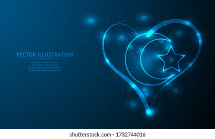 Glowing islamic symbol on blue abstract background. islam symbol backgraound. lines and triangles on blue background. 