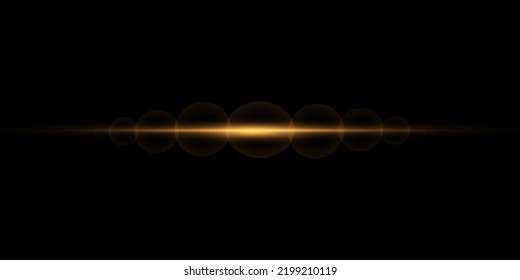 Rayo dorado de luz brillante aislado, reflejo brillante, explosión, línea, bengala de sol sobre un fondo negro. Ilustración del vector