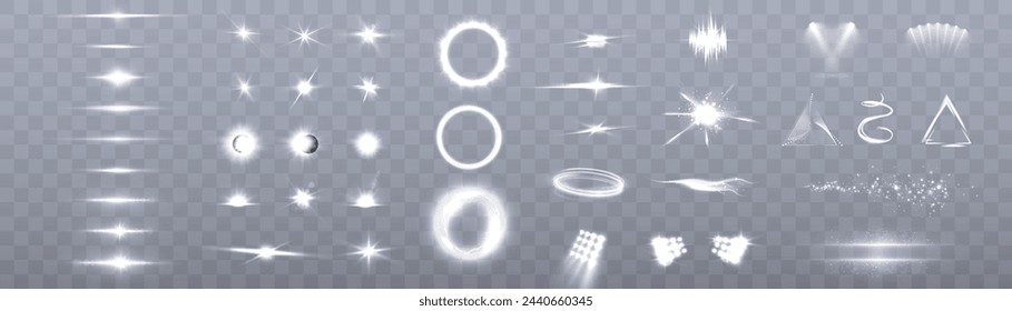 Conjunto aislado brillante de efectos de luz transparente brillante, resplandor, explosión, brillo, portal, línea, llamarada solar, chispa y estrellas, curva, bokeh, brillo. Luz del sol, efecto especial abstracto. Vector