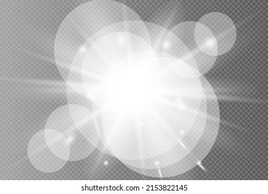 Glühender, isolierter weißer, transparenter Lichteffekt, Blasen, Explosion, Glitter, Linie, Sonnenflare, Funken von Sonne und Sternen