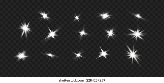 Glowing isolated white transparent set of light effects, glare, explosion, glitter, line, sun flare, spark and stars on a dark background. Beautiful optical effect of sunlight reflections.
