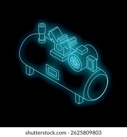 Glowing isometric air compressor on a black background, ideal for industrial and engineering concepts