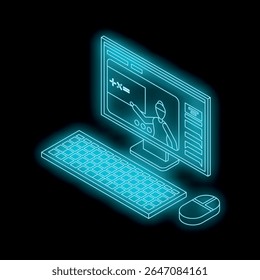 Computador isométrico brilhante exibindo plataforma de educação on-line com professor explicando matemática, promovendo e aprendizagem e compartilhamento de conhecimento