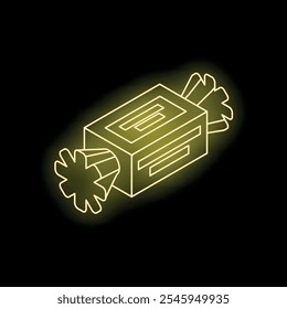 Glowing isometric icon of a wrapped candy on black background