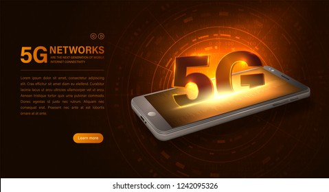 Glowing isometric illustration smartphone and 5G symbol. 5G new wireless internet wifi connection. Fifth innovative generation of the global high speed Internet network. Vector concept landing page.