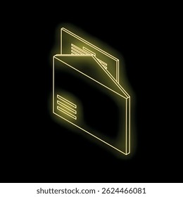 Glowing isometric outline of an open mail envelope with a letter sticking out, representing communication and messaging