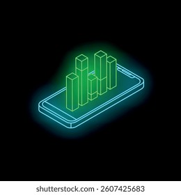 Glowing isometric smartphone displaying a growing green bar chart, representing mobile business growth and success