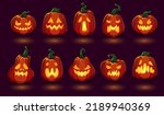Glowing jack o lantern. Lights in dark pumpkins with scary carved expression faces, halloween jack-o-lanterns black pumkin scarecrow eyes, cartoon ingenious vector illustration of halloween pumpkin