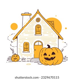 A glowing jack-o-lantern with a mischievous smile sitting on a porch. Vector Illustration.