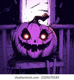 A glowing jack-o-lantern with a mischievous smile sitting on a porch. Vector Illustration.