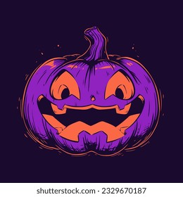 A glowing jack-o-lantern with a mischievous smile sitting on a porch. Vector Illustration.