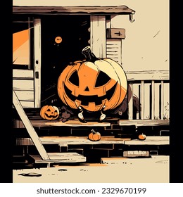 A glowing jack-o-lantern with a mischievous smile sitting on a porch. Vector Illustration.