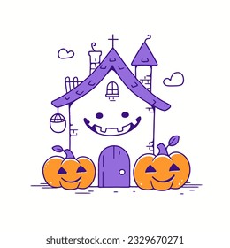 A glowing jack-o-lantern with a mischievous smile sitting on a porch. Vector Illustration.