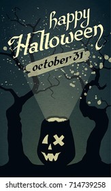 Glowing Jack-o'-lantern (Pumpkin). Trick or Treat. Halloween Party Postcard. Poster. Background. Vector illustration with hand drawn type calligraphy design. Craft textured.