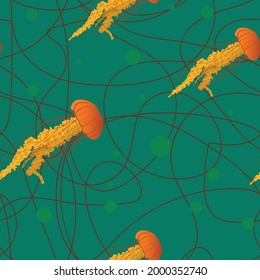 Glowing jellyfish on black background vector pattern