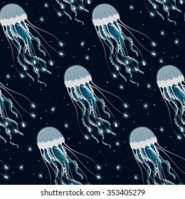 Glowing jellyfish on black background vector seamless pattern