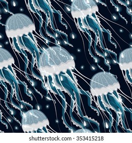 Glowing jellyfish on black background vector seamless pattern