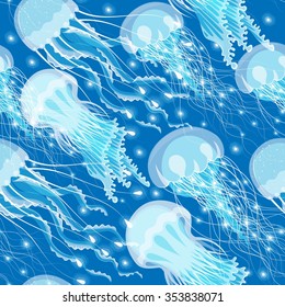 Glowing jellyfish on black background vector seamless pattern