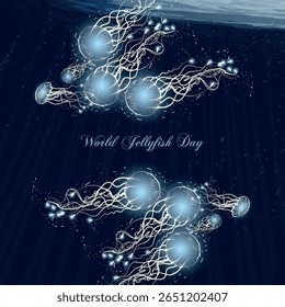 Glowing jellyfish. Postcard. Vector drawing. Ocean