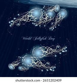 Glowing jellyfish. Postcard. Vector drawing. World Oceans Day